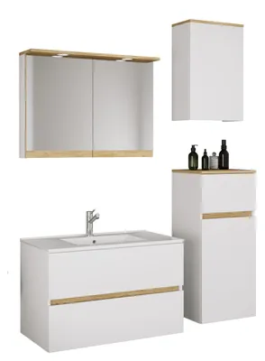 Immagine prodotto di Set da bagno a 5 pezzi con lavabo in Vetroceramica, mobiletto da bagno con 2 cassetti a chiusura ammortizzata, mobiletto a mezza altezza, pensile, mobiletto con specchio, illuminazione e presa, dimensioni del mobiletto H. 51 x L. 81 x P. 47 cm, Cosila-I