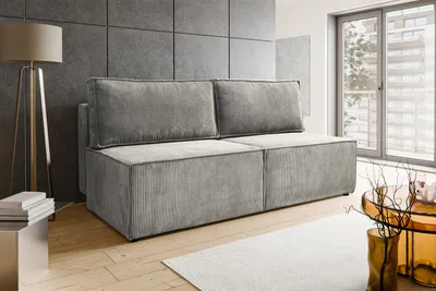 Produktbild von BESILIO Zweisitzer-Schlafsofa 192 cm Flabia – Sofa mit Schlaffunktion und Bettkasten, Cordstoff – Hellgrau & Poso 110
