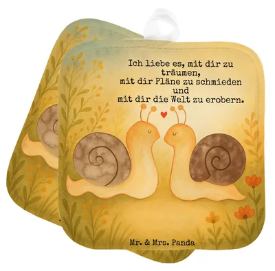 Produktbild von Mr. & Mrs. Panda Topflappen Schnecken Liebe Design - Weiß - Geschenk, Träume, Zukunft, Freundin, Ehe, Pärchen, Topfuntersetzer, Gemeinsam, Set, topfhalter, Ofenlappen