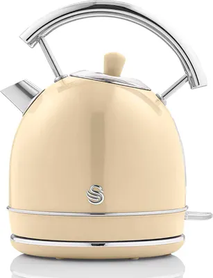 A cream-colored electric kettle with a silver handle and base, shown from the front on a white background.