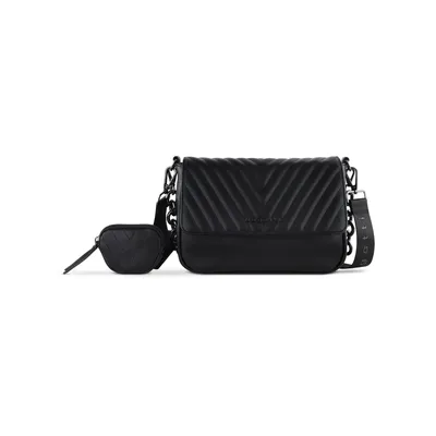 A black quilted handbag with a detachable coin purse and a branded strap, presented on a white background.