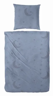 Produktbild von Hahn Biber Bettwäsche Mond 100% Baumwolle Reißverschluss Bettbezug Kissenbezug Bettgarnitur Bettwäsche-Set Bettzeug 135x200 cm Blau