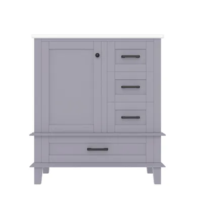 Produktbild von Merax Waschtischunterschrank mit Keramikbecken, Bodenstehender Badezimmerschrank mit 3 Schubladen, Türen mit Einlegeböden, 76x46x83,5cm, Grau