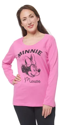 Produktbild von Disney Minnie Mouse Schlafanzug für Damen Pyjama Set Langarm Oberteil mit Hose Pink/Schwarz S