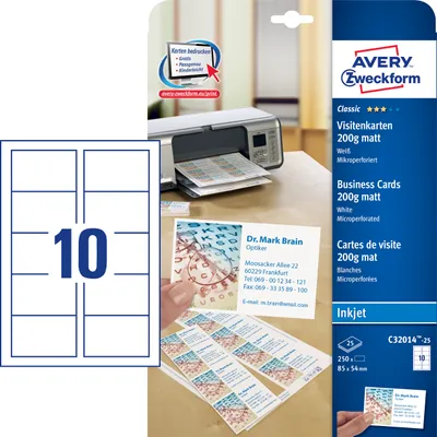 Packaging for Avery Zweckform business cards, showing a printer and sample cards.