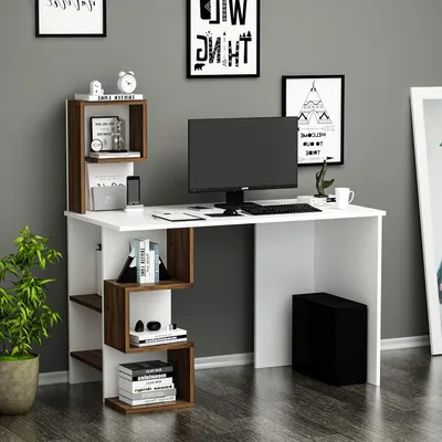 Produktbild von HOMIDEA DERONI Schreibtisch Computertisch für Home Office Kinderzimmer und Jugendzimmer (Weiß/Walnuss)