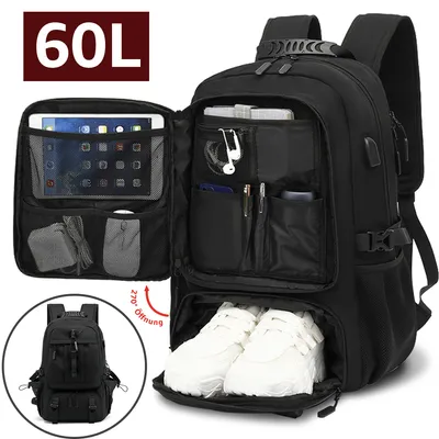 Produktbild von Laptop Rucksack 60L, Reiserucksack Handgepäck 17,3 Zoll, USB-Ladeanschluss, Backpack Wasserdicht für Reisen Arbeit Freizeit Uni, Schwarz
