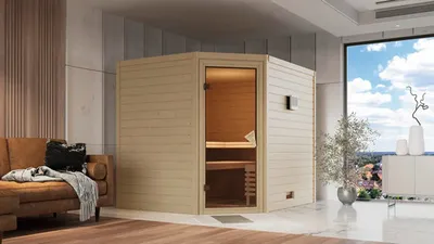 Produktbild von Massivholzsauna Karibu Kanami ohne Ofen und Dachkranz mit bronzierter Ganzglastüre