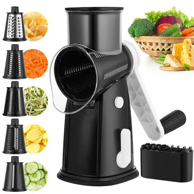 Produktbild von Käsereibe mit Kurbel, Gemüseschneider mit 5 Austauschbaren Trommelblättern, Ideal für Käse, Gurken, Karotten, Nüsse
