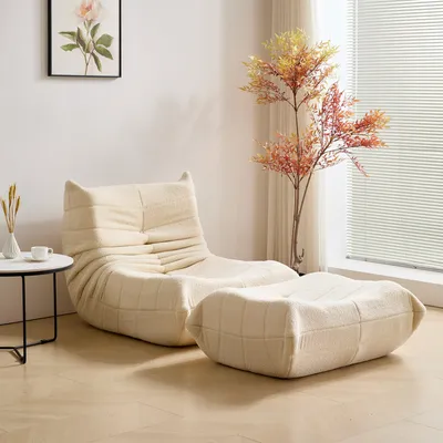 Produktbild von okwish Schlafsofas Relaxsessel mit Rückenlehne und Fußstütze, Lazy Sofa, Indoor-Sitzkissen, faltbarer Meditationsstuhl, geeignet für Schlafzimmer, Wohnzimmer, Beige