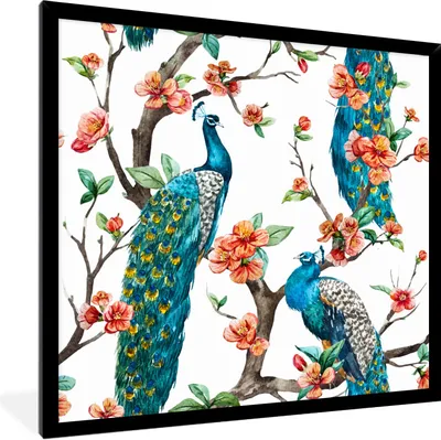 Produktbild von MuchoWow® Gerahmtes Poster Muster - Pfau - Blüte 40x40 cm - Poster mit Schwarzem Bilderrahmen Wandposter Rahmen Foto Bilder - Mit Rahmen - Wanddekoration Schlafzimmer