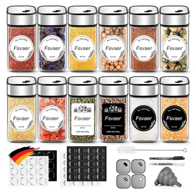 Zdjęcie produktu dla zestaw 12 słoiczków na przyprawy 120ML - Kwadratowe, z wkładką do posypywania i zakręcaną pokrywką - Organizer na słoiczki ze stali nierdzewnej z lejkiem