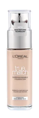 A bottle of L'Oréal Paris True Match foundation is shown against a white background.