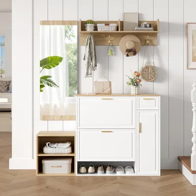 Produktbild von Merax Garderobenset, Garderobenständer Komplettset mit Schuhschrank, Sitzbank, Wandgarderobe, Spiegel, Regal, Flur Möbel Stauraum, Weiß+Natur