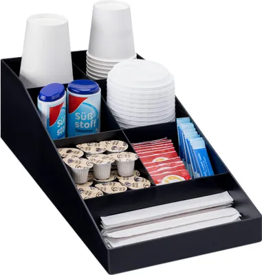 Produktbild von Navaris Kaffee Spender Organizer - Aufbewahrung von Zubehör - Kaffeebar für u. a. Zucker Milch Servietten Kapseln - Kaffeestation 7 Fächer schwarz