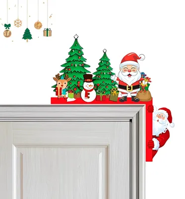 Productafbeelding van Houten deurdecoratie voor Kerstmis met kerstman, rendier en dennenbomen, ca. 22 x 22,7 cm