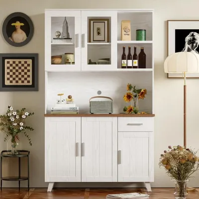 Image de Meuble buffet haut blanc imitation bois, dimensions 114 x 40 x 190 cm, idéal pour le salon ou la salle à manger