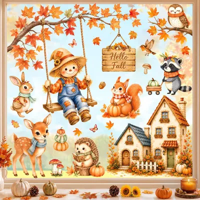 Fensterbilder Herbst, 8 Stück, PVC, 30x20 cm, bunt