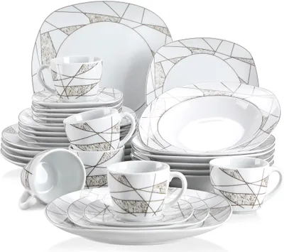 Obrázek produktu pro Porcelánový jídelní servis VEWEET, 30dílný kombinovaný servis, sada nádobí s kávovým servisem, sada talířů pro 6 osob