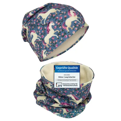 Produktbild von HECKBO Kinder Beanie Mütze & Schal Schlauchschal Set - Vlies innen - Pferd- Mädchen Jungen Junge - 95% Baumwolle