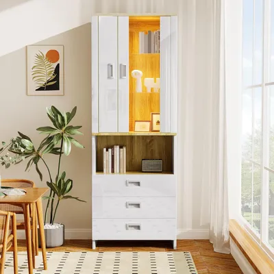 Produktbild von Weiße Hochglanzvitrinen mit Glastüren, LED-beleuchtete Glasvitrinen, Glasvitrinen mit 2 Glasboden, Vitrinen für Sammlerstücke, Parfümschränke, Bücherregale, 65x35x181,5 cm