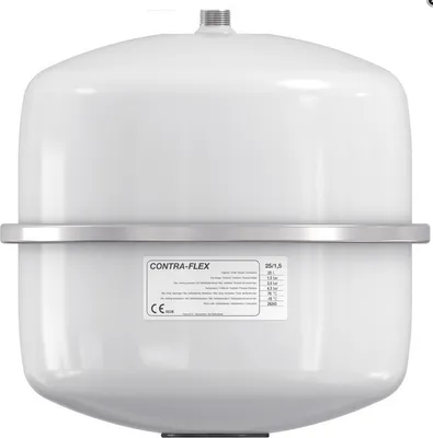 A white expansion vessel for a heating system, with a label showing product details.
