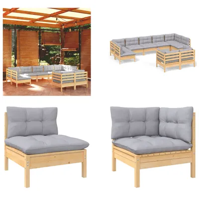 Produktbild von vidaXL 9 tlg. Garten Lounge Set mit Grauen Kissen Kiefer Massivholz - Garten-Lounge-Set - Garten-Lounge-Sets - Gartenmöbel-Set - Gartenmöbel-Sets