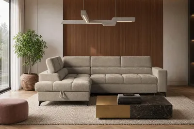 Produktbild von Sofiland BEVIANO Ecksofa Schlaffunktion Bettkasten 275 cm Chenille Dunkelbiege links