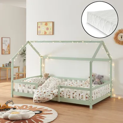 Obrázek produktu pro Dětská postel "Sisimiut" v domácím vzhledu s matrací a ochranou proti vypadnutí borovicového dřeva 120 x 200 cm mátově zelená / bílá