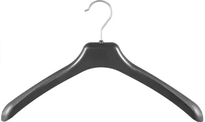 A black plastic clothes hanger is displayed against a white background.