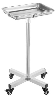 Image de Chariot de laboratoire VEVOR Chariot de service en acier inoxydable avec plateaux amovibles en acier inoxydable Capacité de charge jusqu'à 16 kg, hauteur réglable 64-101cm, plateau médical