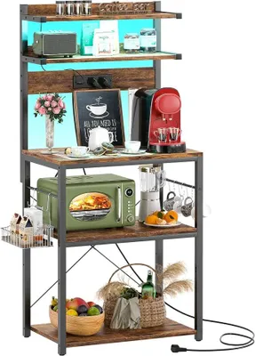 Image de Étagère pour boulangerie avec prise électrique, support pour micro-ondes, station de café à 5 niveaux avec éclairage LED, étagère de cuisine avec 6 crochets en forme de S, étagère de cuisine pour épices, casseroles et poêles, couleur marron rustique