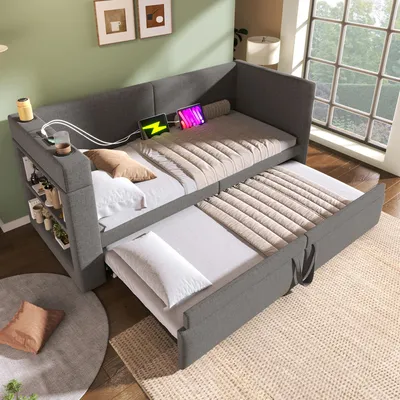 Image de MODFU Lit Banquette 90x200 cm - Canapé-Lit Une Place avec Lit Gigogne, Rangement et Ports USB, Porte-Gobelet, Bois et Métal, Sans Matelas - Gris