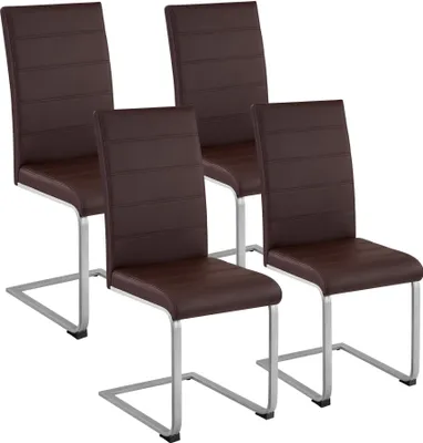 Four brown dining chairs with silver metal legs are arranged in a group against a white background.