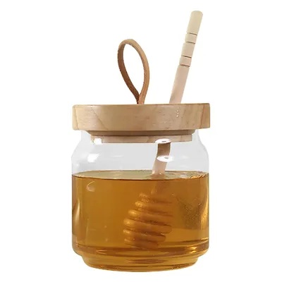 Produktbild von Honigglas aus Glas mit Holzdeckel, Honigspender, Honigflaschen aus Großpackung zur Aufbewahrung von Gewürzen,Senden Sie Stäbchen und Rührstäbchen