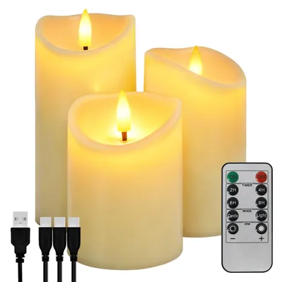 Produktbild von OZAVO LED Kerzen 3er-Pack Flammenlose Flackernde LED Kerzen mit timerfunktion und Fernbedienung,Elektrische Wiederaufladbare Kerzen mit USB-Kabel