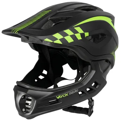 Obrázek produktu pro Cyklistická přilba Vayox Enduro VA0421BM, nastavitelná od 54 do 58 cm – velikost M – s odnímatelným chráničem brady – černá/zelená