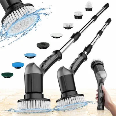 Produktbild von Kabelloser Elektro-Schrubber mit 8 Wechselköpfen, 3 Stufen (380 RPM), 2500mAh Akku (100Min), Typ-C, verlängerbar 28-120cm, für Dusche/Fliesen/Wanne