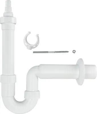 A white plastic plumbing trap kit, including a P-trap, a vertical pipe with a barbed fitting, a mounting bracket, a screw, and a nut, laid out against a white background.