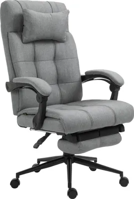 A gray office chair with a headrest and footrest is shown against a white background.