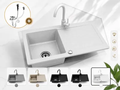 Produktbild von Faizee Home Granitspüle Weiß 75 × 44 cm mit Armatur Weiß – Einbauspüle mit Abtropffläche, reversibel, inkl. Siphon-Set