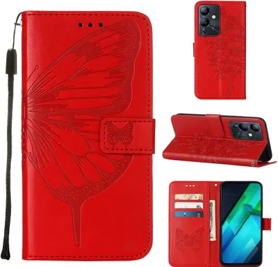 Produktbild von Lederhülle für Infinix Note 12i Schmetterling Prägung Flip Ledertasche Kartenfächer Handyhülle mit Ständer Rot