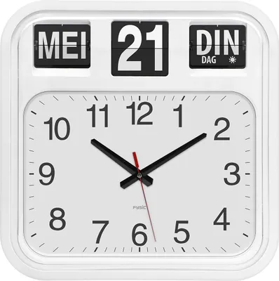 A white analog wall clock with a flip calendar display.