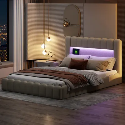 A bedroom scene at night with a bed, nightstand, and window.