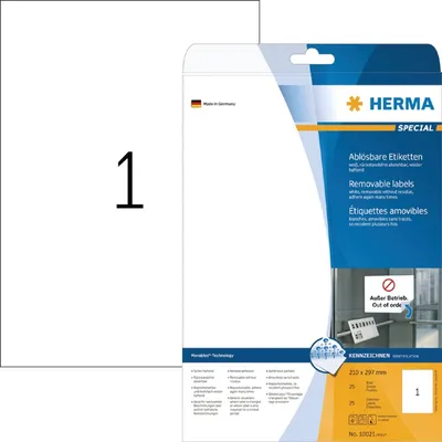 Obrázok produktu pre HERMA 10021, Biela, Samolepiaci štítok, A4, Papája, Laserový, Odnímateľné