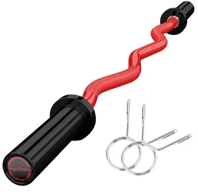 Zdjęcie produktu dla Sztanga EZ Curl SZ 120 cm – sztanga do domowej siłowni – nośność 227 kg – obciążniki 50 mm – gruba stal – 2 zatrzaski sprężynowe – czarno-czerwona