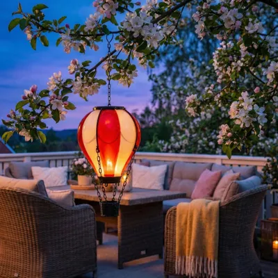 Produktbild von LED Solar Ballon - Heißluftballon mit Flammeneffekt - hängend - H: 25cm - Lichtsensor