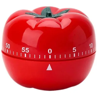 A red tomato-shaped kitchen timer.
