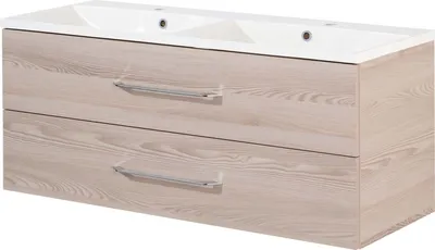 Produktbild von FACKELMANN Waschtischunterschrank inkl. Doppel-Gussbecken B.CLEVER / Soft-Close-System / Maße (B x H x T): ca. 120 x 48,5 x 46 cm / Möbel fürs WC oder Badezimmer / Schrank: Braun hell / Becken: Weiß