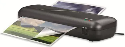 A black laminating machine with two sheets of paper being fed into it, against a white background.